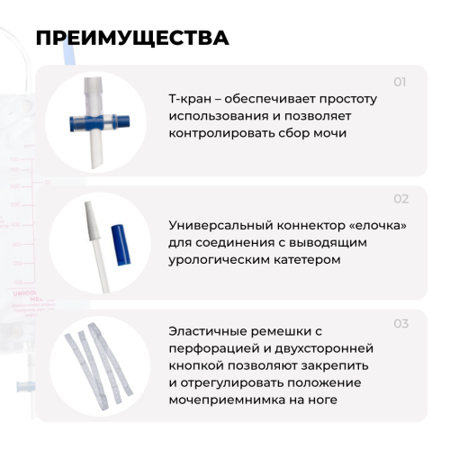 Мочеприемник 750 мл ножной носимый с крестовым краном длина трубки 70см UNICORNMED х 10 шт.